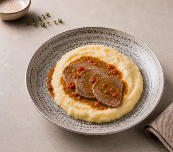 Langue de bœuf sauce piquante, Purée PDT