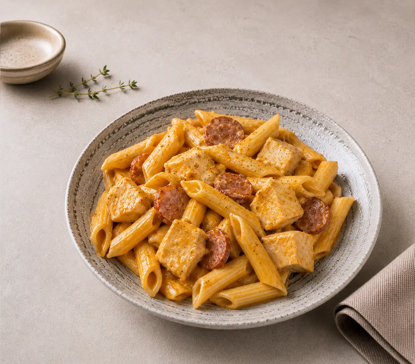 Emincés de poulet au chorizo Penne